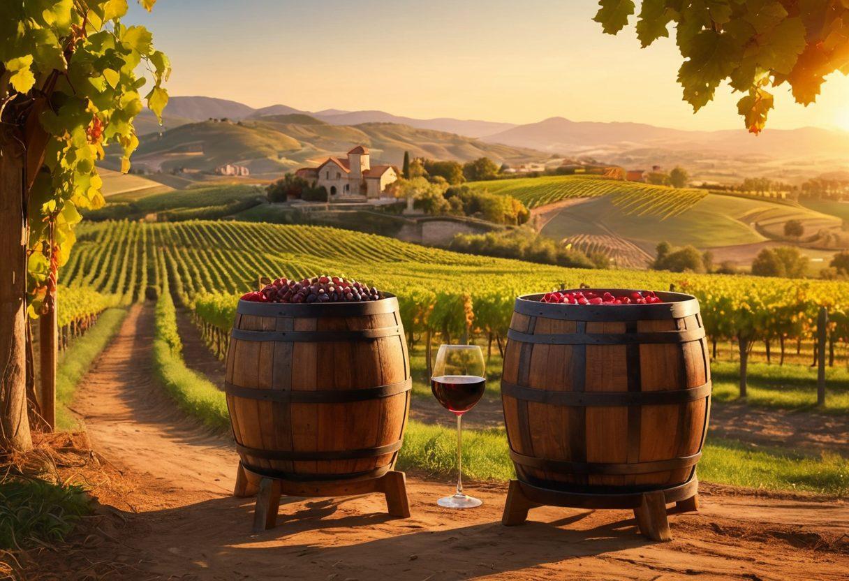 A picturesque vineyard landscape at sunrise, rolling hills with rows of grapevines ripe for harvest, a rustic wooden wine barrel in the foreground, and a glass of red wine catching the golden light. An inviting map highlights famous wine regions subtly in the background. super-realistic. vibrant colors. tranquil atmosphere.