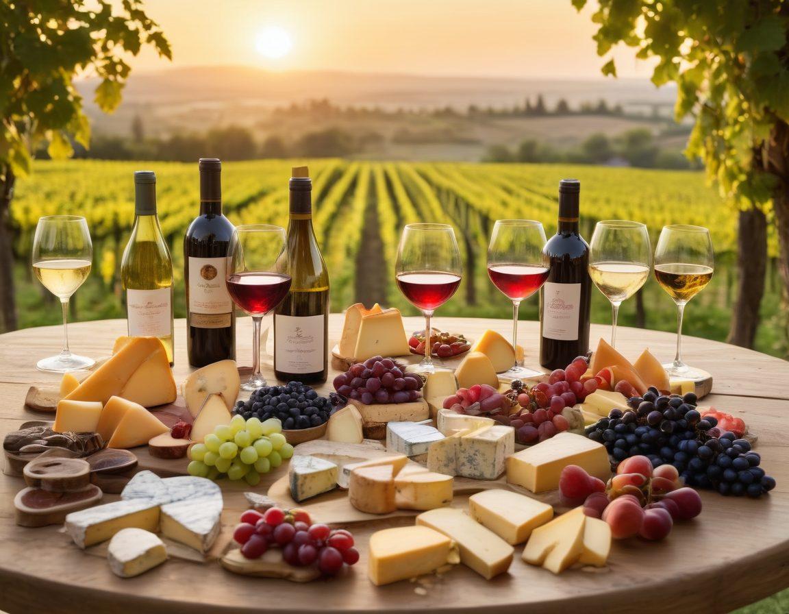 A beautifully arranged table with an array of wine bottles from various regions, each labeled distinctly. Surrounding the bottles are elegant wine glasses half-filled with red, white, and sparkling wines, complemented by a selection of gourmet cheeses and fruits. In the background, a picturesque vineyard under a golden sunset creates a warm ambiance. Delicate details like corks and wine corkscrews add authenticity to the scene. vibrant colors. super-realistic.
