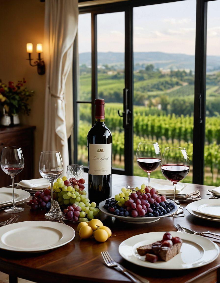 An elegantly set dining table with a bottle of red wine and crystal glasses, surrounded by a variety of gourmet dishes that harmonize with the wine. Soft, ambient lighting sets a warm, inviting mood, while a backdrop of lush vineyards can be seen through a nearby window. The scene evokes a sense of celebration and sophistication. super-realistic. warm colors. soft focus.